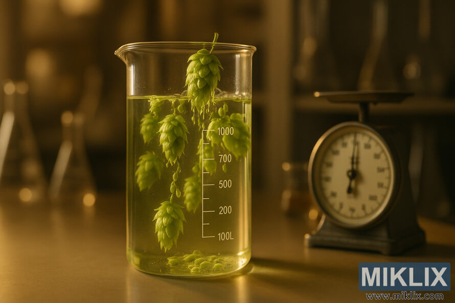 Gelas kimia berisi hop Cashmere diletakkan di samping timbangan antik di laboratorium yang terang benderang.