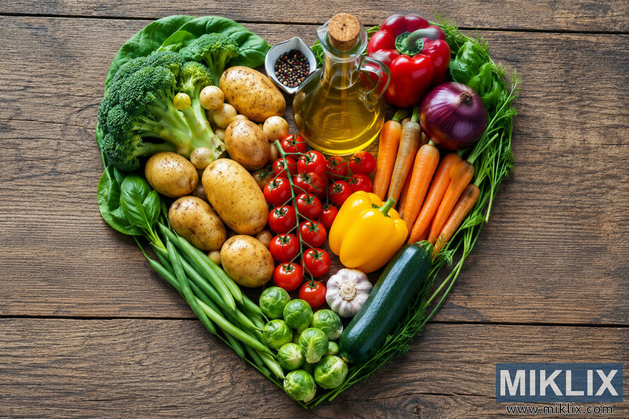 A high-resolution landscape flat-lay photograph showing potatoes, fresh vegetables, leafy greens, tomatoes, broccoli, carrots, zucchini, onions, garlic, Brussels sprouts, herbs, and a glass bottle of olive oil arranged into a heart shape on a rustic wooden table. The colorful composition symbolizes heart-healthy eating and contains no visible brands or product labels. A high-resolution landscape flat-lay photograph showing potatoes, fresh vegetables, leafy greens, tomatoes, broccoli, carrots, zucchini, onions, garlic, Brussels sprouts, herbs, and a glass bottle of olive oil arranged into a heart shape on a rustic wooden table. The colorful composition symbolizes heart-healthy eating and contains no visible brands or product labels.