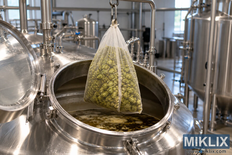Large white mesh bag filled with green hops suspended above an open stainless-steel fermenter containing beer, surrounded by polished tanks and pipework in a modern brewery. Large white mesh bag filled with green hops suspended above an open stainless-steel fermenter containing beer, surrounded by polished tanks and pipework in a modern brewery.