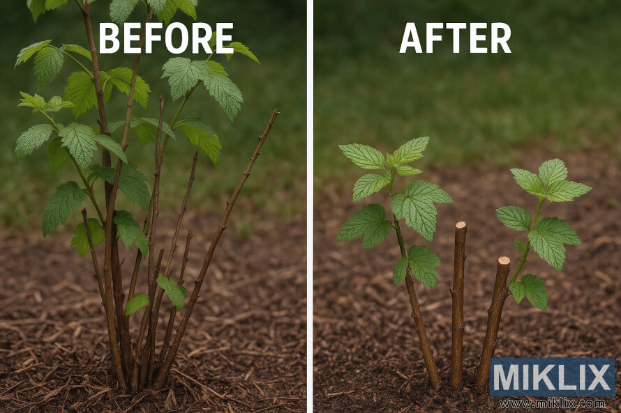 Sy-aan-sy vergelyking wat framboosriete voor en na behoorlike snoei toon, met ongesnoeide riete aan die linkerkant en netjies gesnyde stingels aan die regterkant.