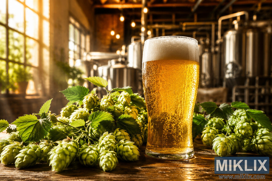 A frothy golden lager in a clear glass sits on a rustic wooden table surrounded by fresh green Fantasia hops, with a softly blurred artisanal brewery and warm sunlight creating a cozy atmosphere in the background. A frothy golden lager in a clear glass sits on a rustic wooden table surrounded by fresh green Fantasia hops, with a softly blurred artisanal brewery and warm sunlight creating a cozy atmosphere in the background.