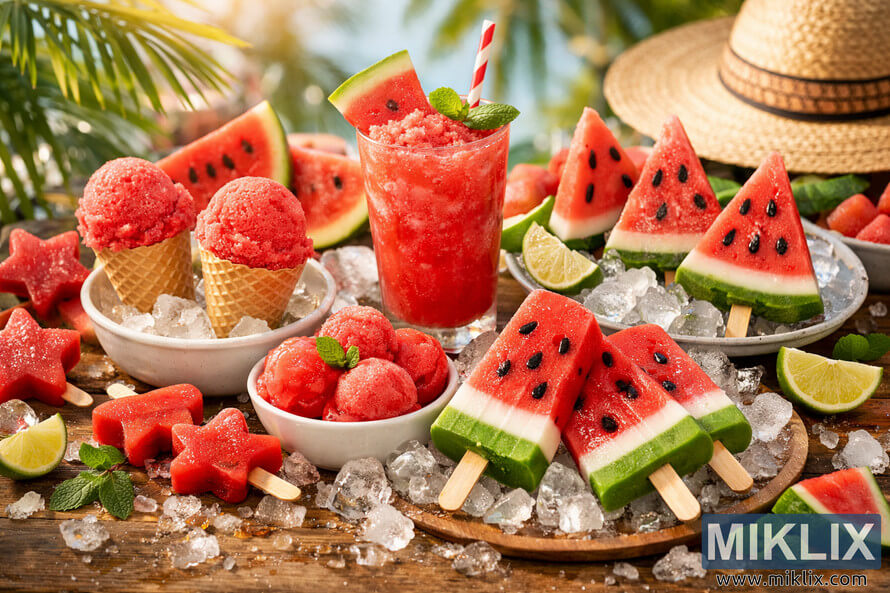 A vibrant summer scene featuring assorted watermelon popsicles, sorbet cones, and frozen desserts arranged on a rustic wooden table with crushed ice, fresh watermelon slices, lime wedges, mint leaves, and a tall glass of watermelon slush, all illuminated by bright sunlight with blurred palm leaves and a straw hat in the background. A vibrant summer scene featuring assorted watermelon popsicles, sorbet cones, and frozen desserts arranged on a rustic wooden table with crushed ice, fresh watermelon slices, lime wedges, mint leaves, and a tall glass of watermelon slush, all illuminated by bright sunlight with blurred palm leaves and a straw hat in the background.