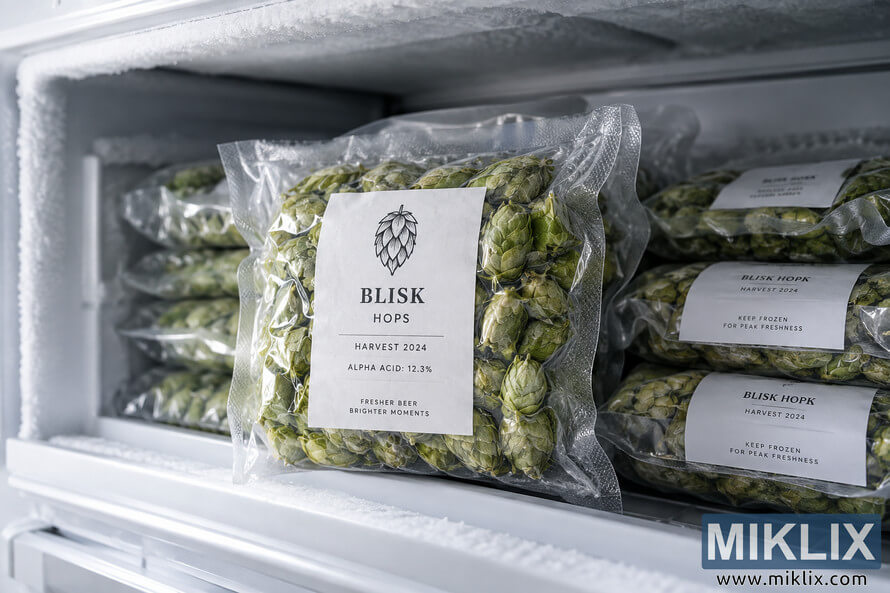 Close-up landscape photo of vacuum-sealed green hop cones in clear packages stacked inside a frosty freezer, with a generic white product label on the front package. Close-up landscape photo of vacuum-sealed green hop cones in clear packages stacked inside a frosty freezer, with a generic white product label on the front package.