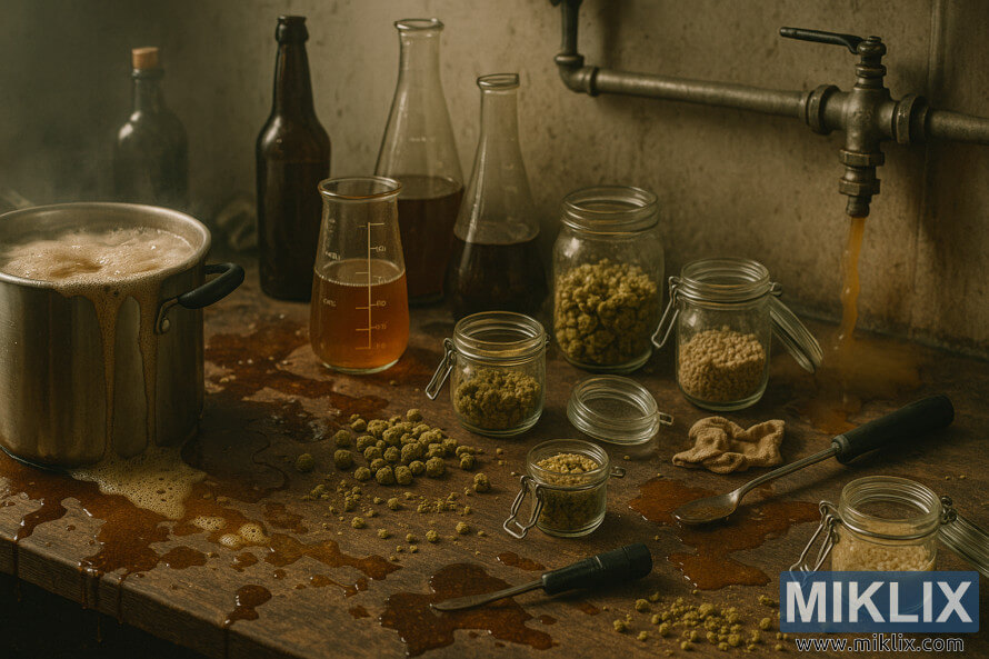 Neredna stanica za kuhanje s prolivenom tekuÄinom, loncem za kuhanje i neispravnim ventilom koji curi tekuÄinu.