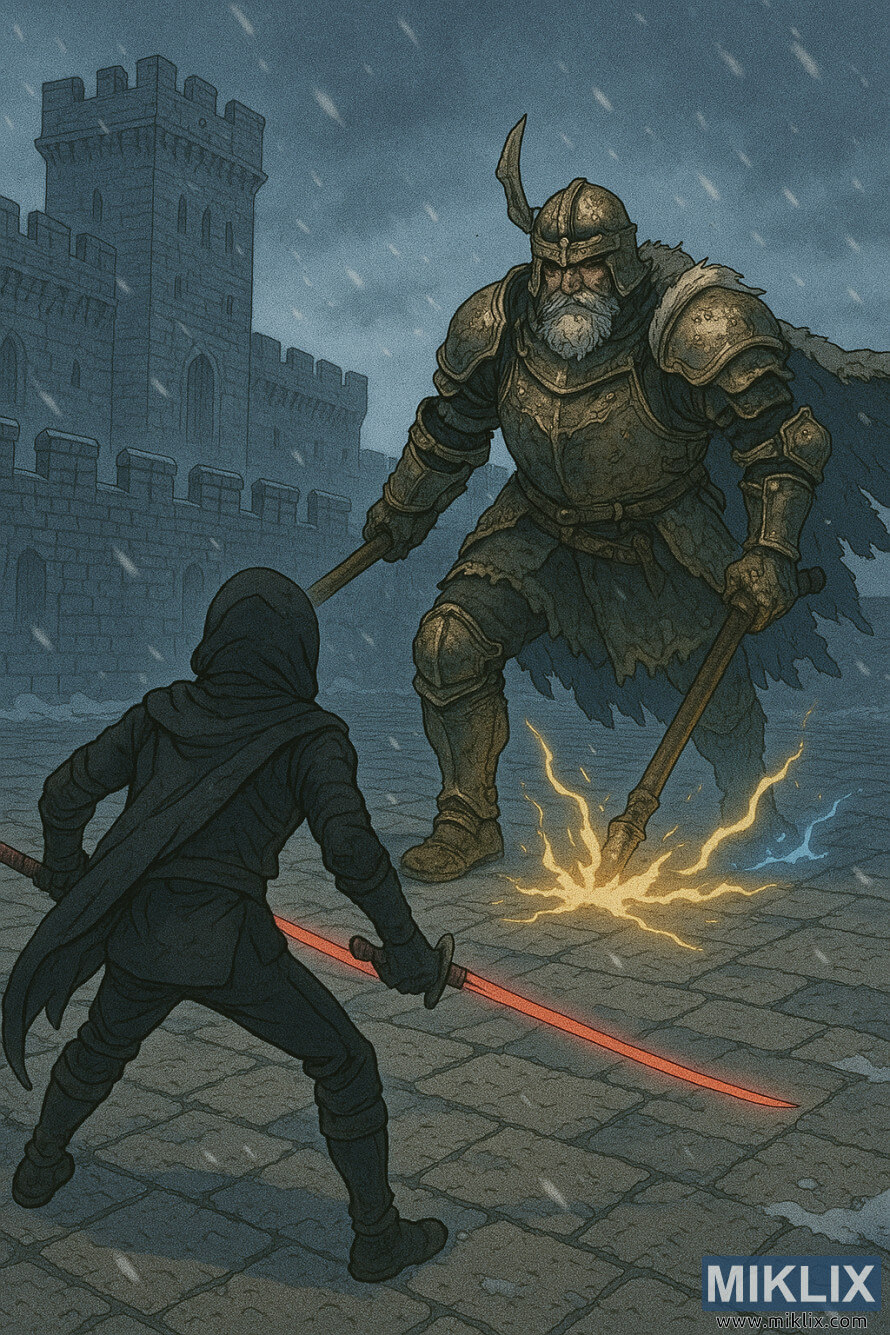 Cena ao estilo anime de um assassino Black Knife visto de costas, frente ao Comandante Niall no pÃ¡tio nevado do Castelo Sol.