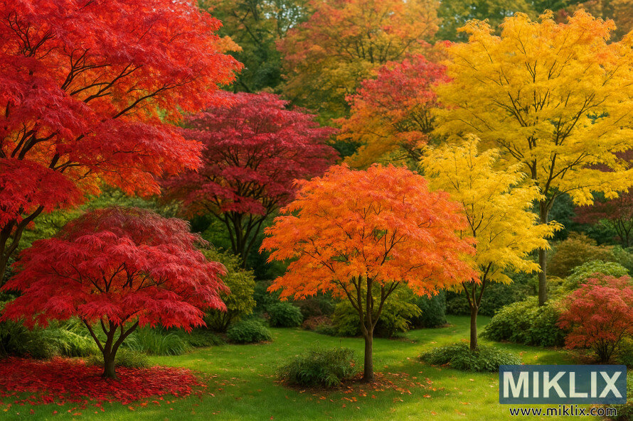 Jardin avec des Ã©rables aux couleurs automnales de rouge, dâorange et dâor.