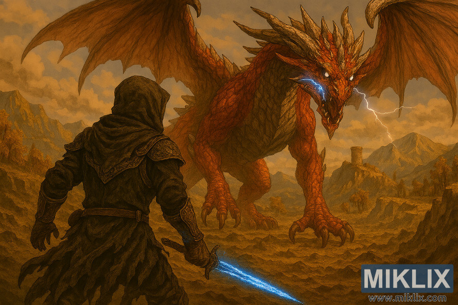 Fan art style anime du Sans-Ã©clat en armure de couteau noir affrontant lâancien dragon Lansseax sur le plateau dâAltus