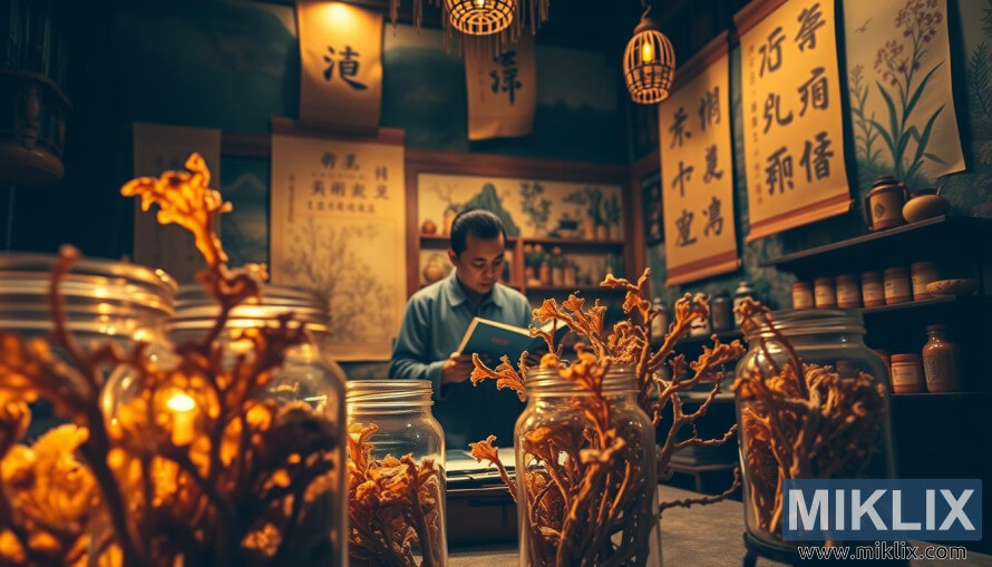 Borcane cu cordiceps uscat Ã®ntr-un birou Ã®ntunecat, cu un savant care citeÈte texte antice despre medicina pe bazÄ de plante.