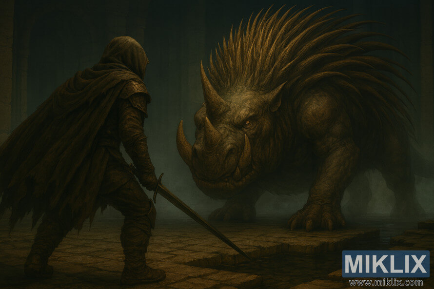 Dark fantasy fan art of the Tarnished in Black Knife armor confronting a massive horned hippopotamus-like boss with spiked back in Elden Ring: Shadow of the Erdtree