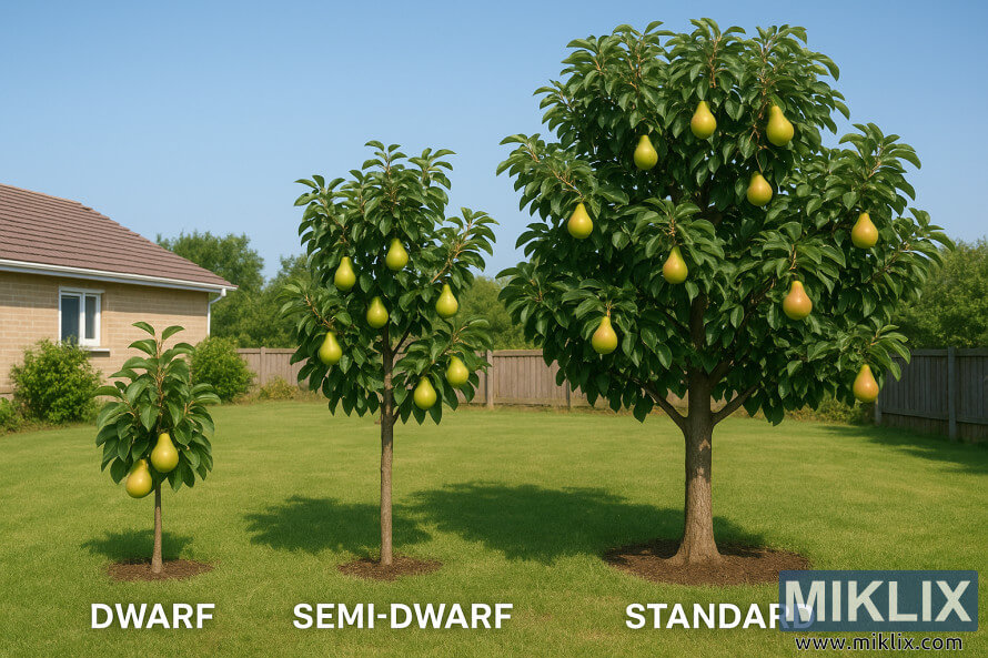 Comparison of dwarf, semi-dwarf, and standard pear trees with fruit on a neatly kept lawn.
