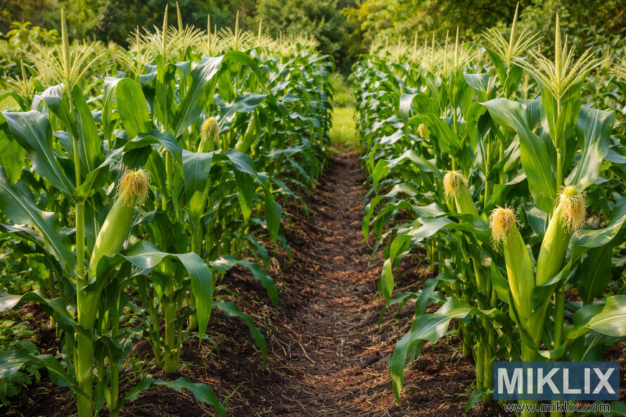 Rows of healthy sweet corn plants with developing ears growing in a home garden under warm sunlight.