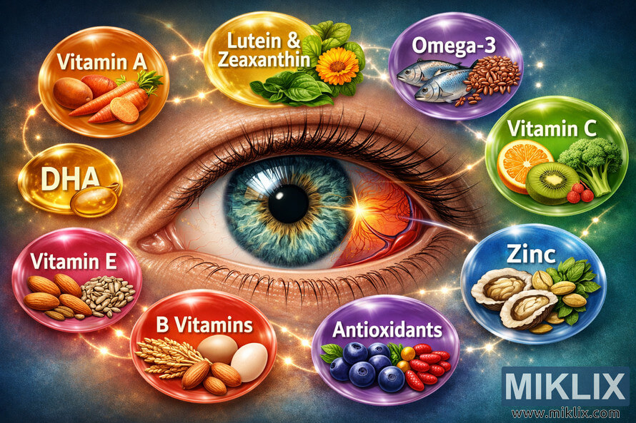 A detailed digital illustration of a human eye surrounded by labeled nutrient bubbles such as Vitamin A, Lutein & Zeaxanthin, Omega-3, Vitamin C, Zinc, Vitamin E, DHA, B Vitamins, and Antioxidants, each with corresponding food imagery like carrots, fish, citrus fruits, and nuts. A detailed digital illustration of a human eye surrounded by labeled nutrient bubbles such as Vitamin A, Lutein & Zeaxanthin, Omega-3, Vitamin C, Zinc, Vitamin E, DHA, B Vitamins, and Antioxidants, each with corresponding food imagery like carrots, fish, citrus fruits, and nuts.