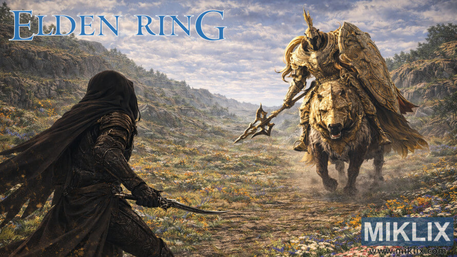 Fan art of the Tarnished in Black Knife armor facing a mounted Tree Sentinel in a wide valley just before battle in Elden Ring.