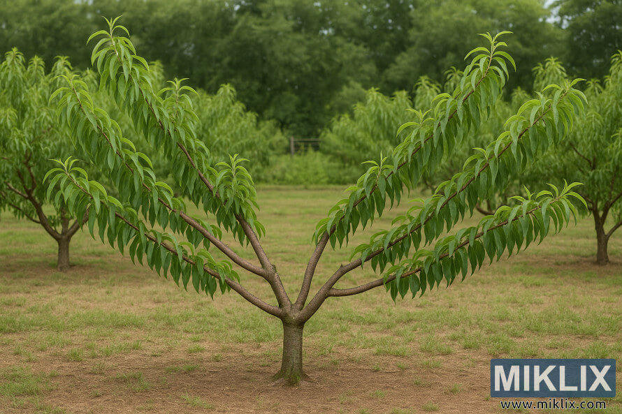 Et velbeskÃ¥ret ferskentrÃ¦ formet som en Ã¥ben vase med jÃ¦vnt fordelte grene i en grÃ¸n frugtplantage.