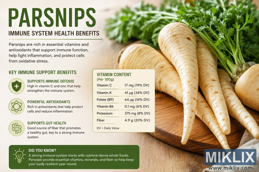 Landscape infographic showing fresh parsnips with green tops on a wooden board beside educational content describing immune system health benefits, antioxidant properties, gut health support, and a vitamin content table including vitamin C, vitamin K, folate, vitamin B6, potassium, and fiber. Landscape infographic showing fresh parsnips with green tops on a wooden board beside educational content describing immune system health benefits, antioxidant properties, gut health support, and a vitamin content table including vitamin C, vitamin K, folate, vitamin B6, potassium, and fiber.