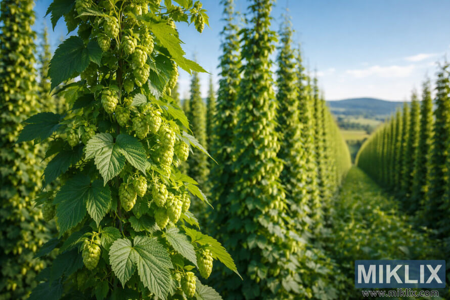 Low-angle view of lush green hops growing in dense rows under warm sunlight, with climbing bines, early hop cones, rolling hills, and a clear blue sky.