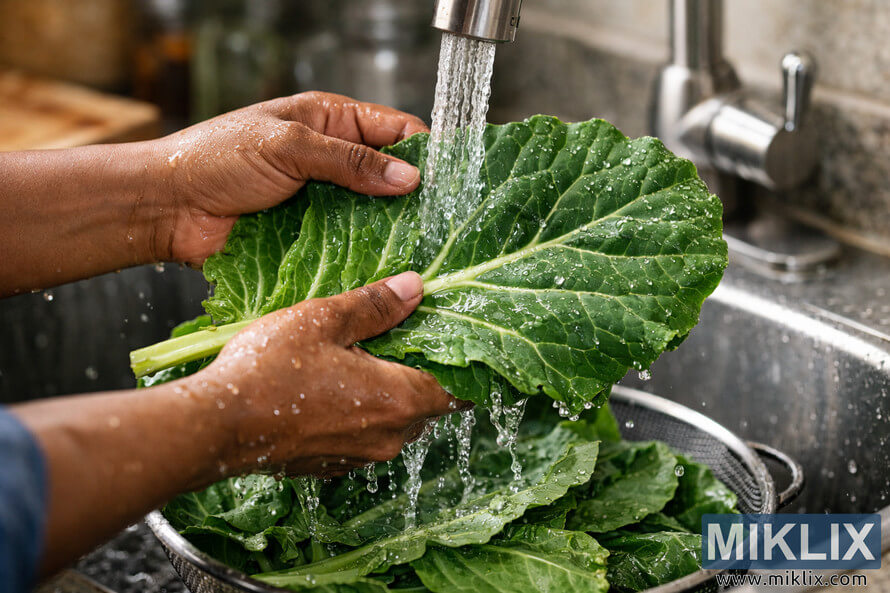 Close-up of hands washing fresh collard greens under running water in a stainless steel sink.