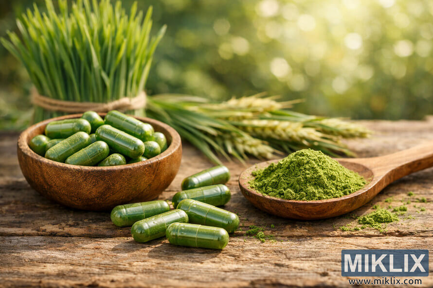 Green wheatgrass supplement capsules on a rustic wooden surface with a wooden bowl, spoon of wheatgrass powder, and fresh wheatgrass in the background under natural sunlight. Green wheatgrass supplement capsules on a rustic wooden surface with a wooden bowl, spoon of wheatgrass powder, and fresh wheatgrass in the background under natural sunlight.