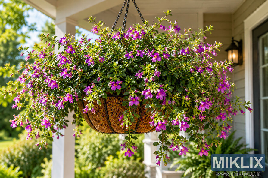 Large hanging basket overflowing with vivid purple flowers and green foliage beneath a sunlit covered porch. Large hanging basket overflowing with vivid purple flowers and green foliage beneath a sunlit covered porch.