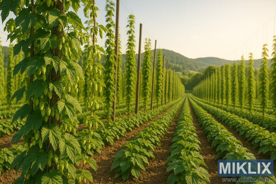 Tumbuhan hop Celeia yang subur memanjat trellis di padang yang diterangi matahari dengan latar belakang bukit.