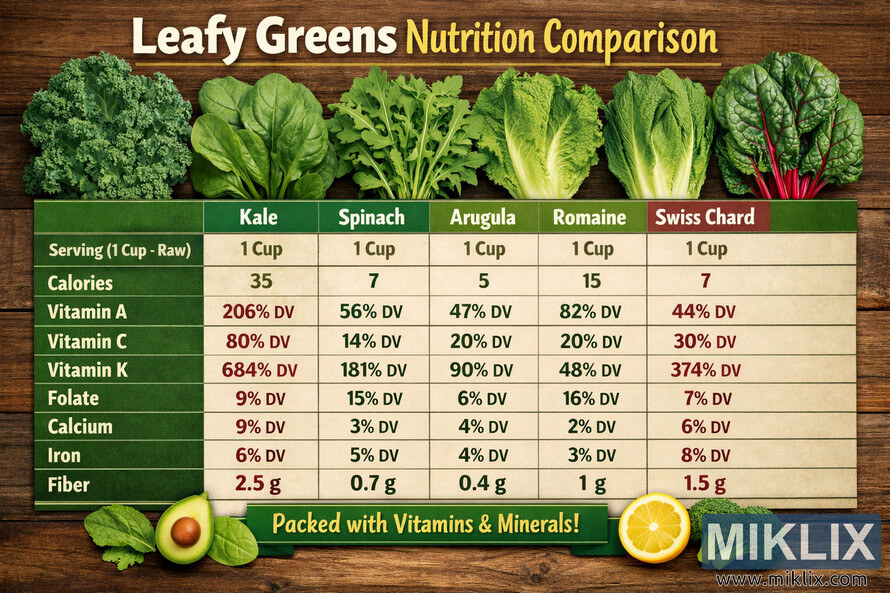 Infographic showing a side-by-side nutritional comparison chart of five leafy greensâkale, spinach, arugula, romaine, and Swiss chardâon a wooden background, with photos of each green above a table listing calories, vitamins, minerals, and fiber per one-cup raw serving. Infographic showing a side-by-side nutritional comparison chart of five leafy greensâkale, spinach, arugula, romaine, and Swiss chardâon a wooden background, with photos of each green above a table listing calories, vitamins, minerals, and fiber per one-cup raw serving.