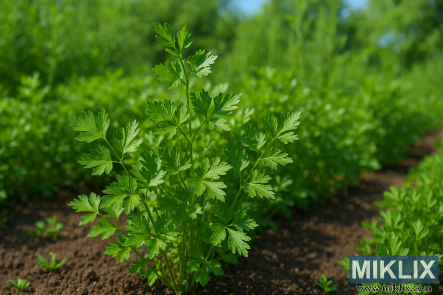 Du persil Ã  feuilles plates poussant dans un jardin dâherbes baignÃ© de soleil avec un sol riche et des feuilles dâun vert Ã©clatant.