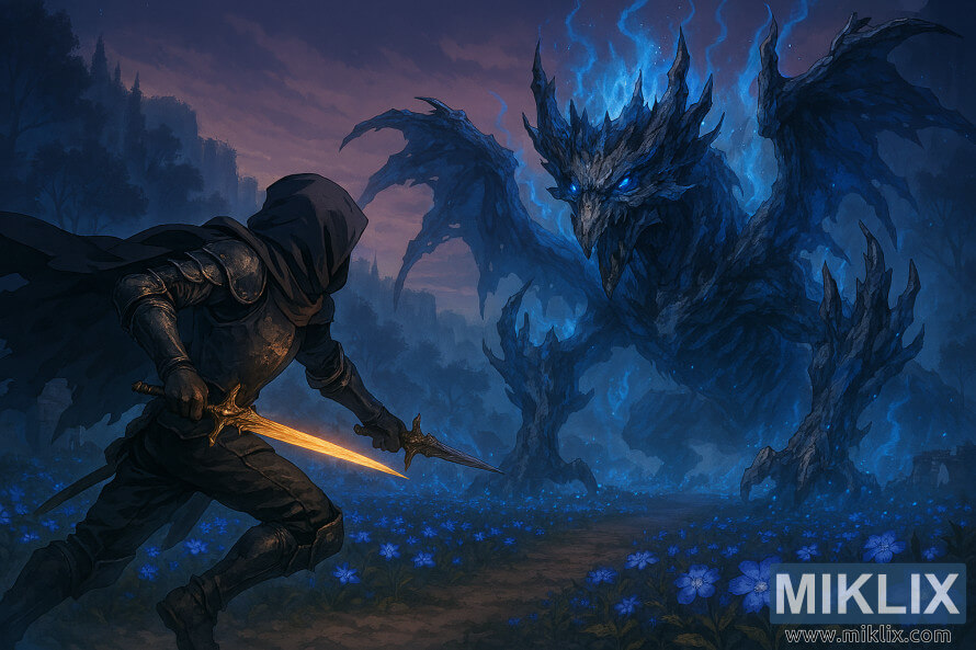 Anime-style fan art of the Tarnished in Black Knife armor fighting the Ghostflame Dragon on Moorth Highway