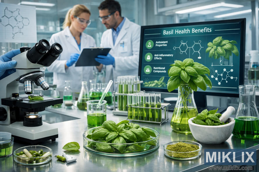 Modern laboratory with scientists analyzing basil leaves and green extracts under a microscope and on computer screens.