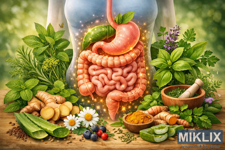 Illustration of a glowing, healthy human digestive system inside a semi-transparent torso, surrounded by fresh green herbs, ginger, turmeric, aloe vera, seeds, berries, and flowers, set against a soft, sunlit green background. Illustration of a glowing, healthy human digestive system inside a semi-transparent torso, surrounded by fresh green herbs, ginger, turmeric, aloe vera, seeds, berries, and flowers, set against a soft, sunlit green background.