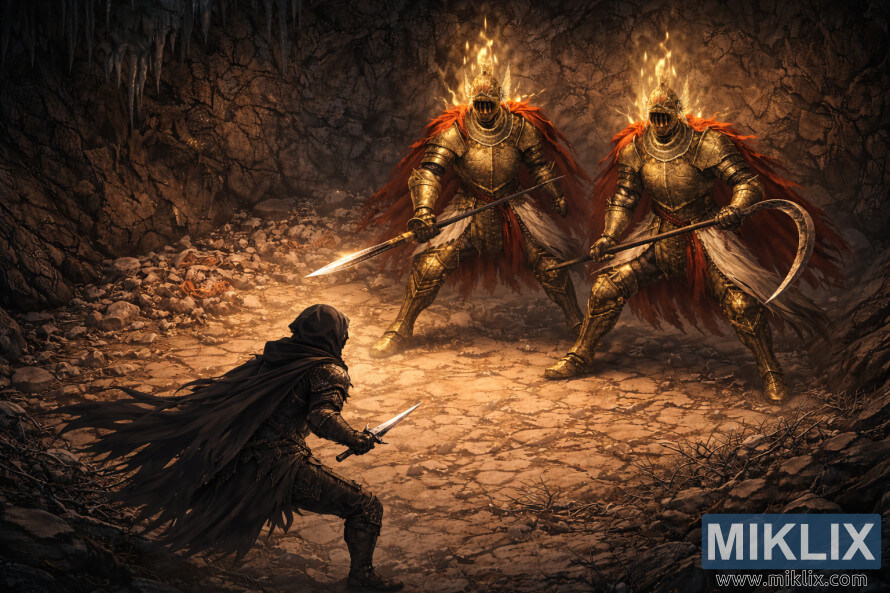 എൽഡൻ റിംഗിലെ ഉപേക്ഷിക്കപ്പെട്ട ഗുഹയിൽ കുന്തവും അരിവാളുമായി സമാനമായ രണ്ട് ക്ലീൻറോട്ട് നൈറ്റ്‌സിനെ അഭിമുഖീകരിക്കുന്ന ടാർണിഷ്ഡ് ഇൻ ബ്ലാക്ക് നൈഫ് കവചത്തിന്റെ ഐസോമെട്രിക് ആനിമേഷൻ-സ്റ്റൈൽ ഫാൻ ആർട്ട്.