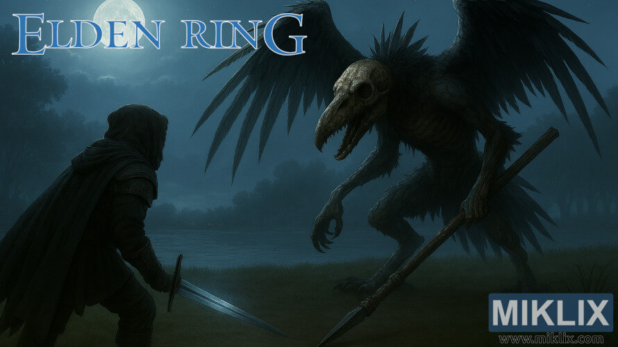 Fan art of a Tarnished in Black Knife armor confronting Deathbird under a moonlit sky at Scenic Isle