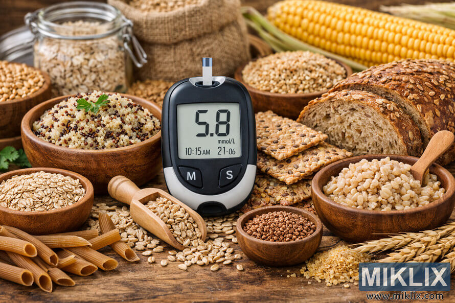 A blood glucose meter surrounded by various diabetes-friendly whole grain foods including quinoa, oats, brown rice, whole grain bread, and corn on a rustic wooden table. A blood glucose meter surrounded by various diabetes-friendly whole grain foods including quinoa, oats, brown rice, whole grain bread, and corn on a rustic wooden table.