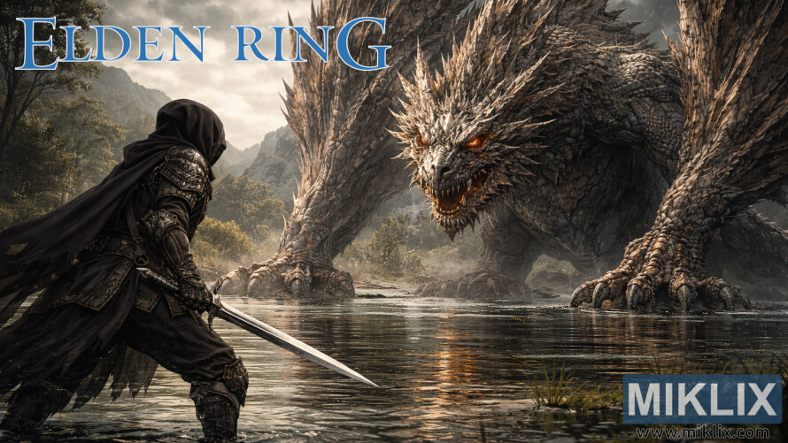 Fan art of a Tarnished warrior in Black Knife armor facing Flying Dragon Agheel with a sword in a shallow lake Fan art of a Tarnished warrior in Black Knife armor facing Flying Dragon Agheel with a sword in a shallow lake