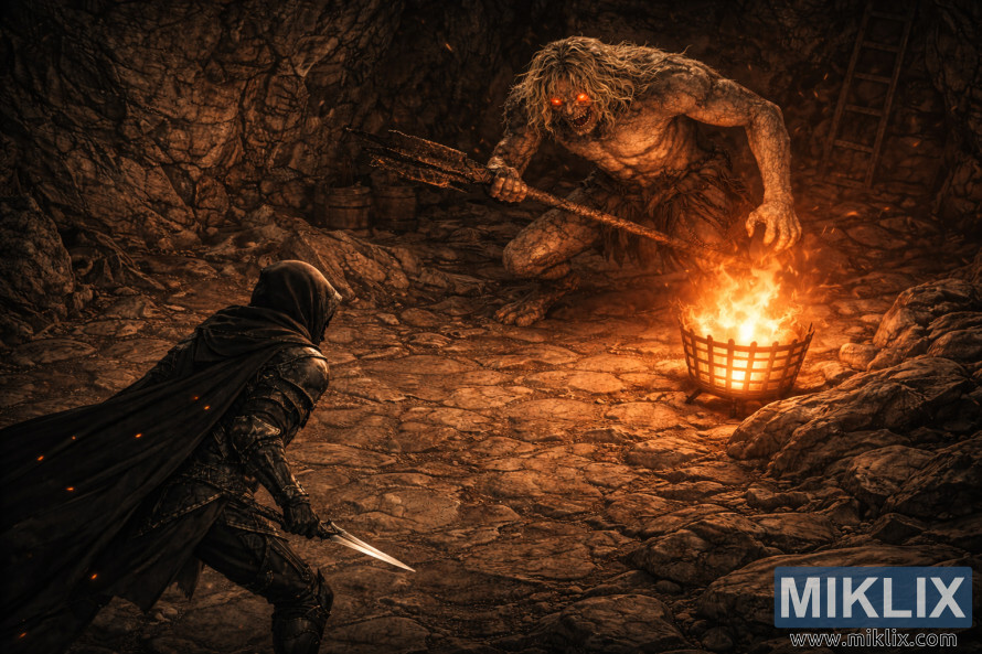 TumÅ¡as fantÄzijas reÄlistisks mÄkslas darbs no izometriska leÅÄ·a, kurÄ redzams MelnÄ NaÅ¾a bruÅots AptraipÄ«ts cilvÄks, kas stÄjas pretÄ« milzÄ«gam ZvÄ«Åainam NejauÅ¡ajam ugunÄ« apgaismotÄ alÄ.