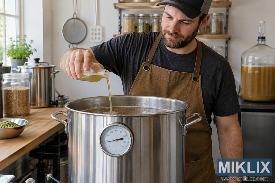 Homebrewer pours pale liquid from an unlabeled bottle into a large stainless-steel brewing kettle with an analog temperature gauge.