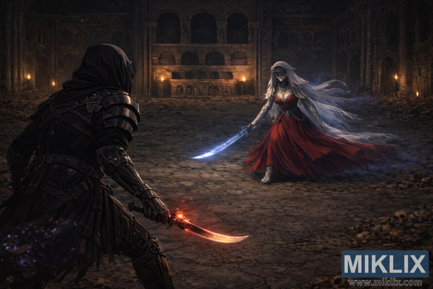 Dark fantasy scene of the Tarnished facing the Dancer of Ranah in a vast mausoleum, rendered in a realistic, painterly style before battle.