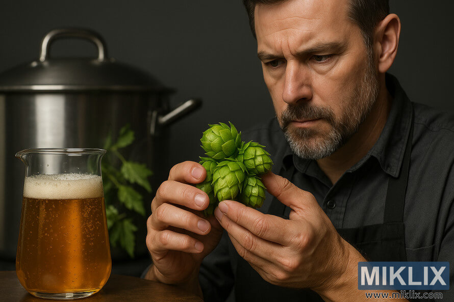 Oluenpanija tarkastaa tuoretta Columbian humalia lasillisen kultaista alea vieressÃ¤.