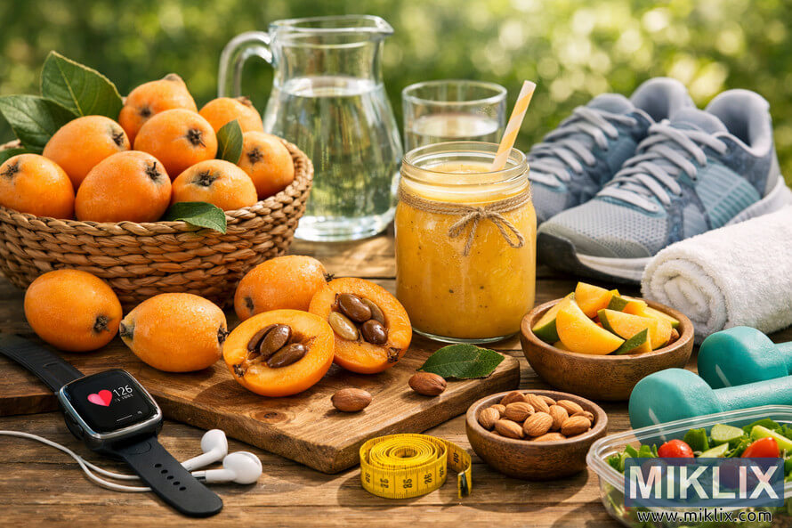 Outdoor scene showing fresh loquats, smoothie, fitness gear, and healthy foods arranged on a wooden table under sunlight. Outdoor scene showing fresh loquats, smoothie, fitness gear, and healthy foods arranged on a wooden table under sunlight.