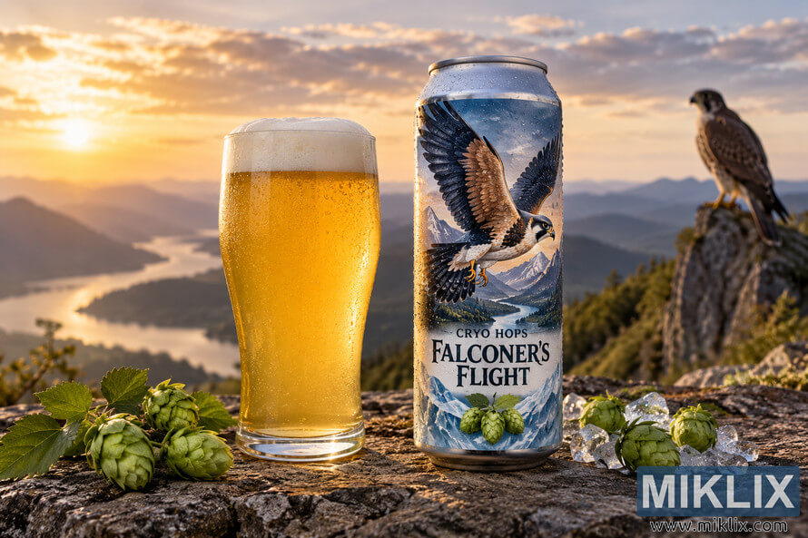 Photorealistic golden-hour mountain scene with a cold glass of golden beer, a fictional cryo hops can illustrated with a flying falcon and alpine scenery, fresh green hop cones, crystalline ice-like pieces, and a falcon perched on a distant rocky outcrop. Photorealistic golden-hour mountain scene with a cold glass of golden beer, a fictional cryo hops can illustrated with a flying falcon and alpine scenery, fresh green hop cones, crystalline ice-like pieces, and a falcon perched on a distant rocky outcrop.