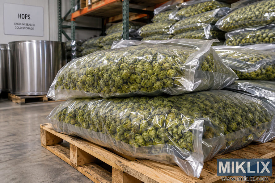 Large transparent vacuum-sealed bags filled with green hop cones stacked on wooden pallets and industrial shelving inside a cool warehouse storage area.