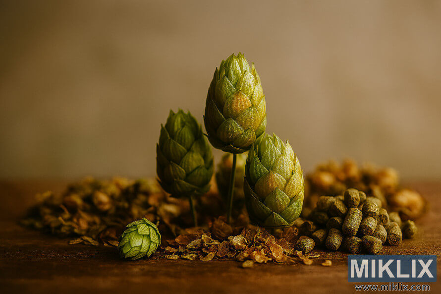 YumÅaq bej fonda taxta sÉthdÉ dÃ¼zÃ¼lmÃ¼Å tÉzÉ hop konuslarÄ±, qurudulmuÅ Ã§iÃ§ÉklÉr vÉ hop qranullarÄ±