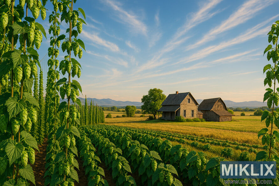 Hop plants on trellises with a rustic farmhouse and barn in a golden field under a blue sky
