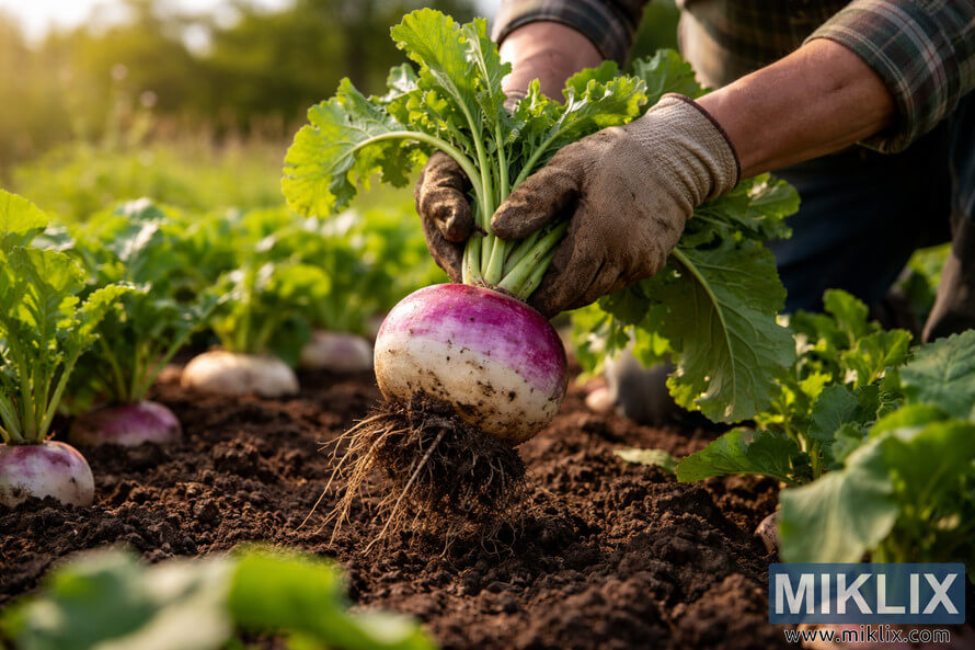 Gardener wearing dirt-covered gloves pulling a mature purple-top turnip from rich garden soil in warm sunlight.