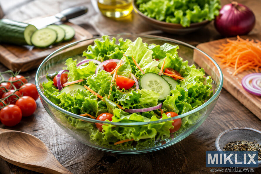 Fresh homemade lettuce salad in a clear glass bowl with cucumbers, cherry tomatoes, red onion, and shredded carrots on a rustic wooden kitchen table surrounded by healthy ingredients and cooking utensils. Fresh homemade lettuce salad in a clear glass bowl with cucumbers, cherry tomatoes, red onion, and shredded carrots on a rustic wooden kitchen table surrounded by healthy ingredients and cooking utensils.