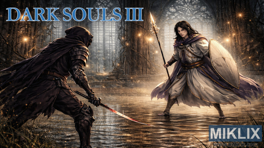 Anime-style fan art of the Ashen One in dark shadow armor facing Halflight with spear and kite shield inside a flooded gothic cathedral. Anime-style fan art of the Ashen One in dark shadow armor facing Halflight with spear and kite shield inside a flooded gothic cathedral.