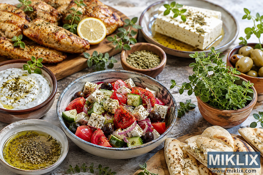 A rustic Mediterranean table spread featuring oregano-seasoned grilled chicken, Greek salad with feta and olives, tzatziki, herb-infused olive oil, warm flatbread, and fresh oregano plants in soft natural light. A rustic Mediterranean table spread featuring oregano-seasoned grilled chicken, Greek salad with feta and olives, tzatziki, herb-infused olive oil, warm flatbread, and fresh oregano plants in soft natural light.