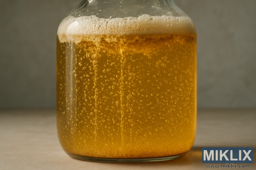 ZbliÅ¼enie szklanego naczynia z bulgoczÄcym zÅotym pÅynem, ÅwiadczÄcym o aktywnej fermentacji droÅ¼dÅ¼owej.