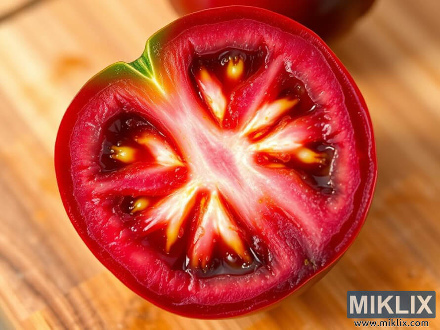 Gros plan dâune demi-tomate rouge fraÃ®che et juteuse sur une surface en bois.