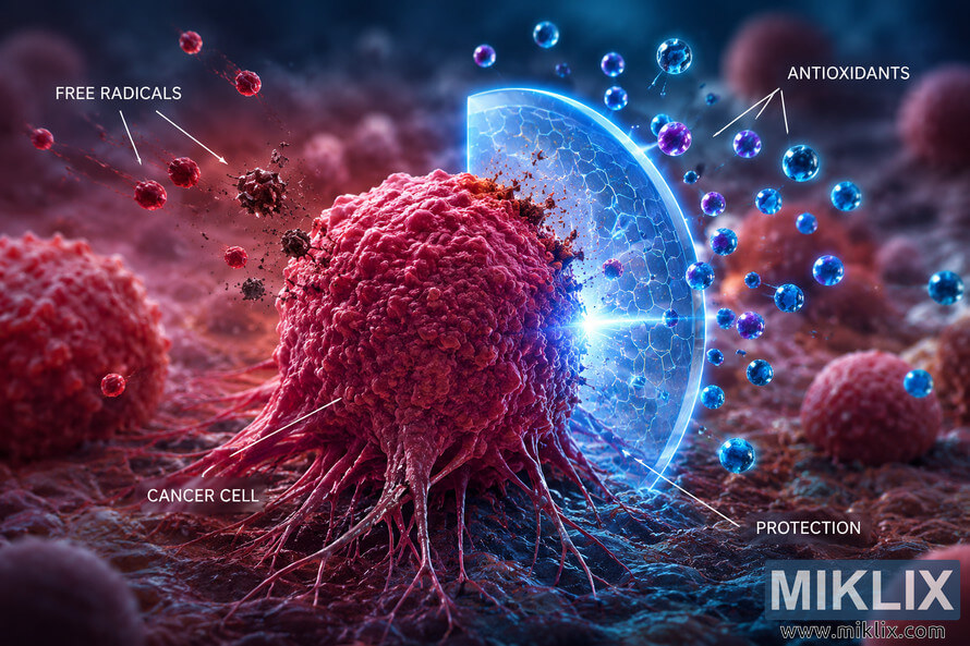 A detailed 3D medical illustration showing a large cancer cell at the center of the image. The left side depicts free radicals approaching and damaging the cell, while the right side shows glowing antioxidant particles and a translucent protective energy shield surrounding part of the cell. A detailed 3D medical illustration showing a large cancer cell at the center of the image. The left side depicts free radicals approaching and damaging the cell, while the right side shows glowing antioxidant particles and a translucent protective energy shield surrounding part of the cell.