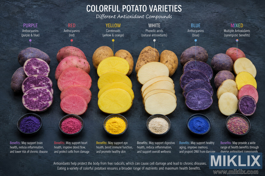 Landscape infographic showing colorful potato varieties with purple, red, yellow, white, blue, and mixed flesh colors, illustrating different antioxidant compounds and their associated nutritional characteristics on a dark textured background. Landscape infographic showing colorful potato varieties with purple, red, yellow, white, blue, and mixed flesh colors, illustrating different antioxidant compounds and their associated nutritional characteristics on a dark textured background.